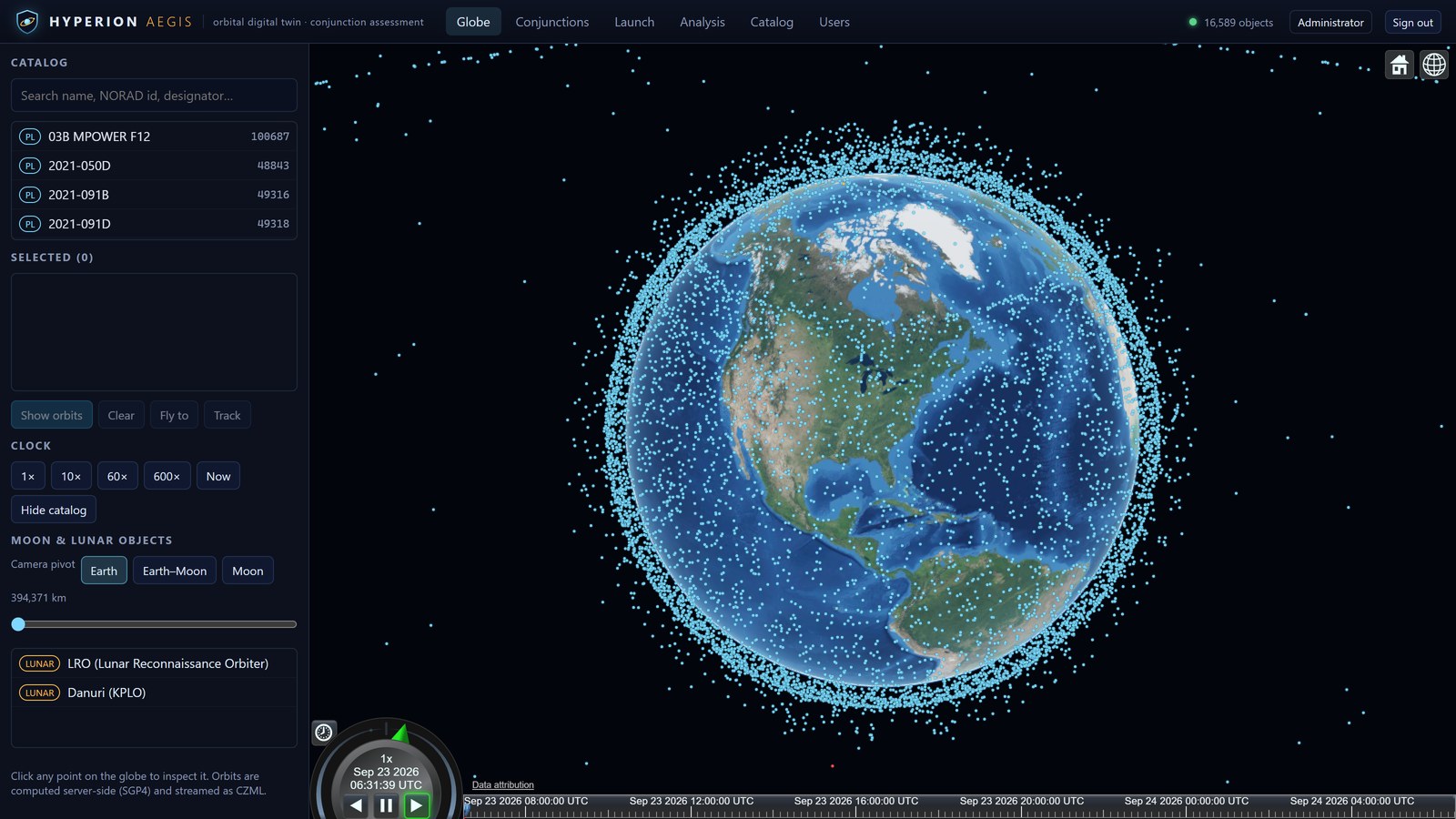 A 3D globe rendering thousands of active satellites, from the Hyperion Aegis platform, which shares Argento's twin standard