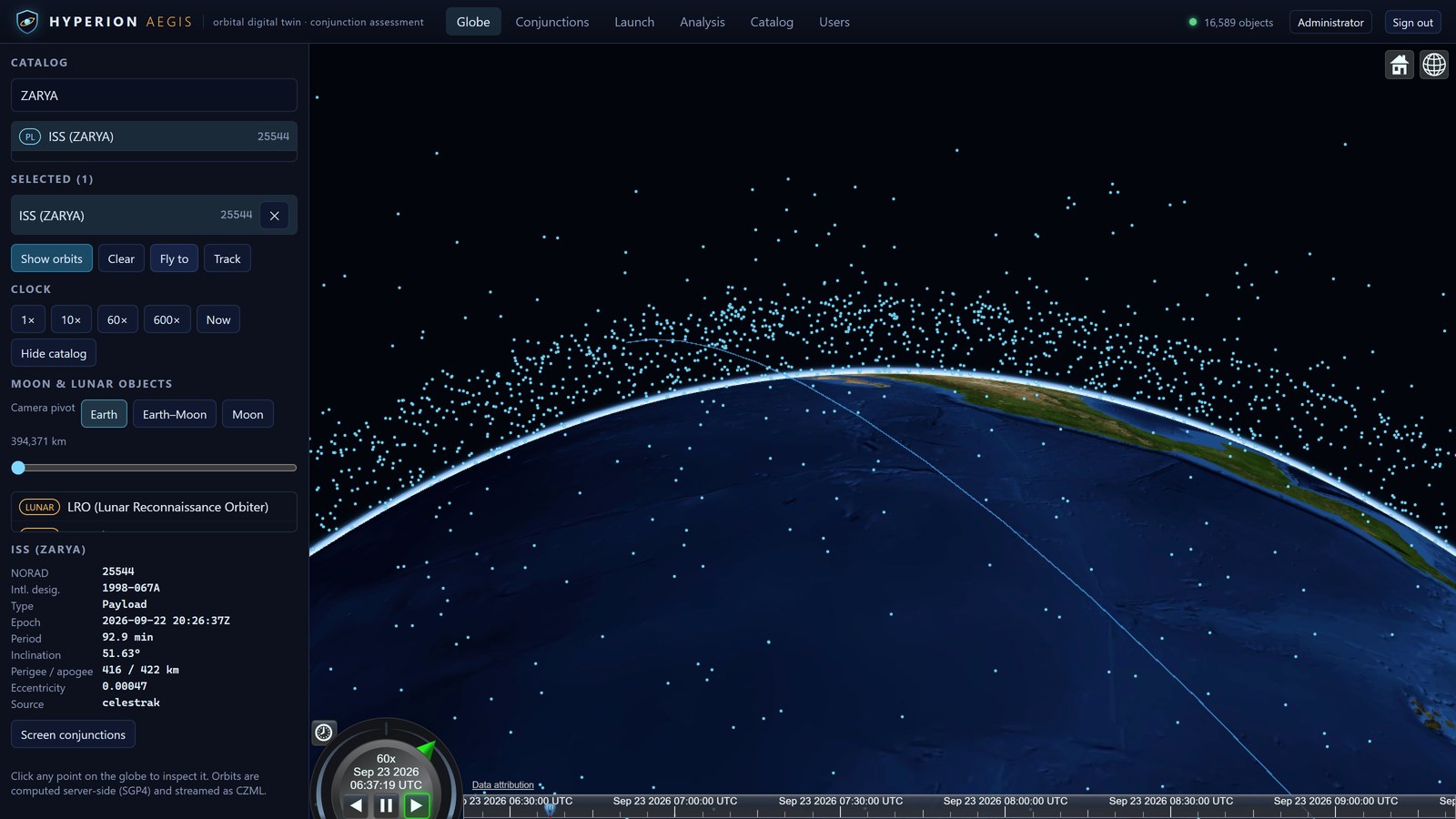The globe with ISS (ZARYA) selected: its orbit drawn as a full revolution, and a detail panel giving international designator 1998-067A, a 416 by 422 km orbit at 51.63 degrees inclination, the element-set epoch and the feed it came from