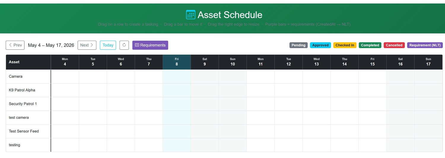 The Hyperion Securitas asset schedule: taskings across a two-week grid with their approval states and requirement windows